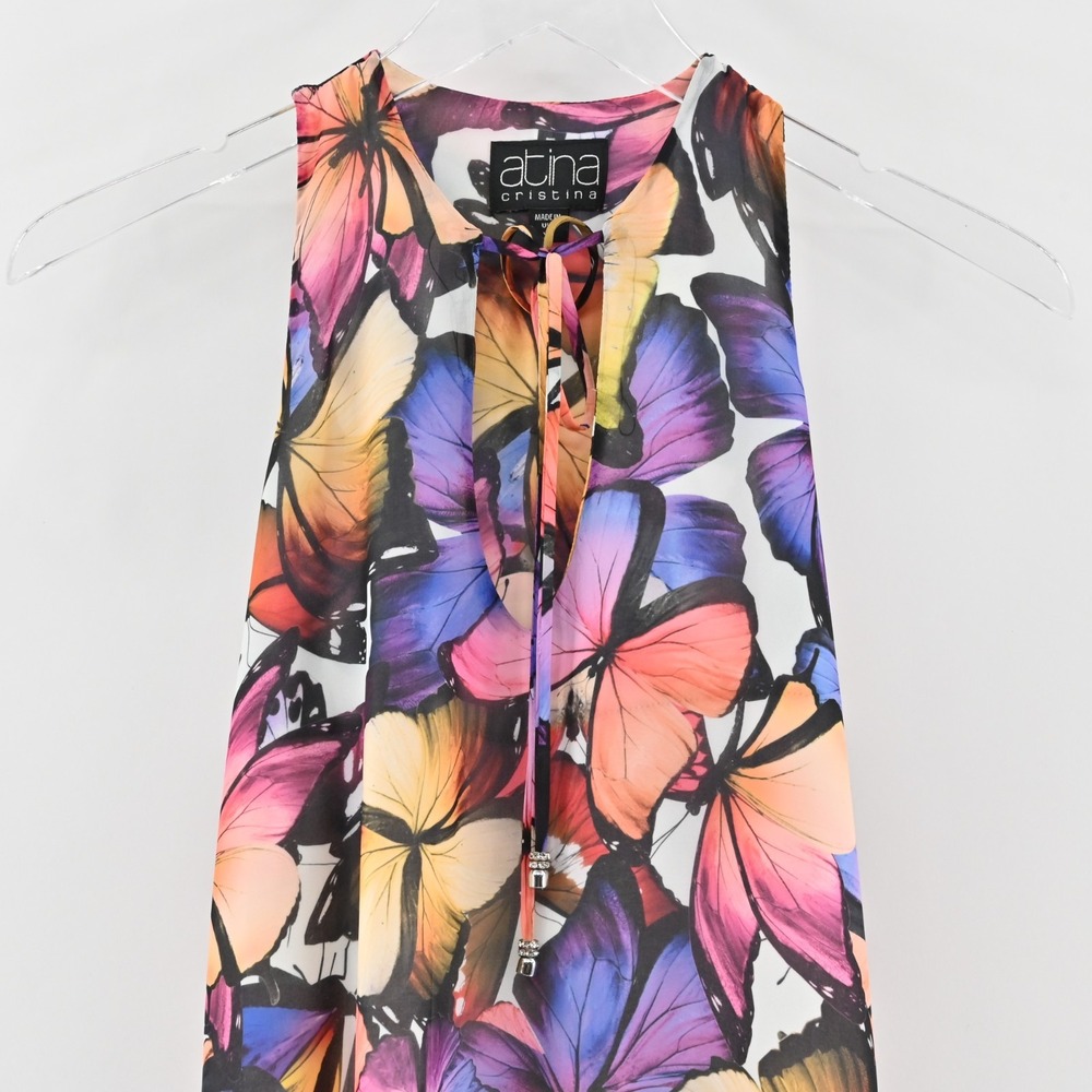 Vtg Y2k Atina Cristina Colorful Butterfly Mini Dress Sz XS Sleeveless Ruffle Hem - Picture 8 of 11